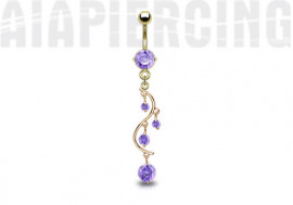 Piercing nombril plaqué or cascade pierres violettes