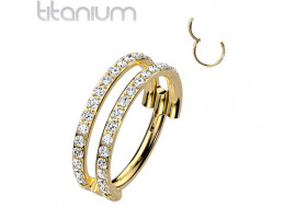 Piercing Anneau Clicker Titane Double Bande de Strass dorée