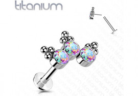 piercing labret titane 3 pierres blanc irisée et bille Push-In