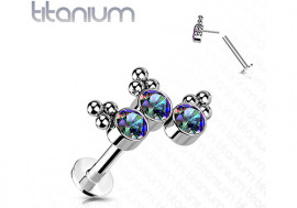 piercing labret titane 3 pierres et bille multicouleur Push-In