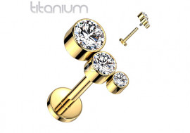 Piercing labret titane 3 strass plaqué or