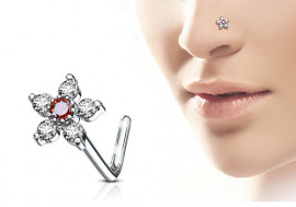 Piercing nez L fleur et strass rouge