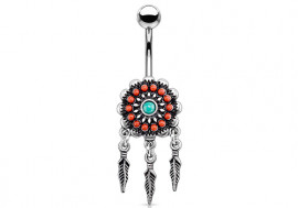 Piercing nombril fleur tribal et plume