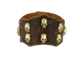 Bracelet en cuir marron têtes de morts