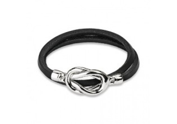 Bracelet cuir noir et nœud en acier