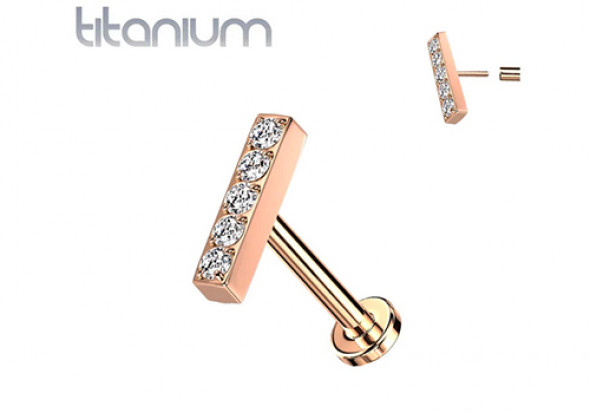 Piercing Labret titane push-in barre de strass dorée rose