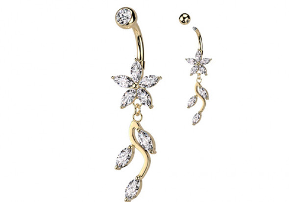 Piercing nombril marquise fleur banche plaqué or